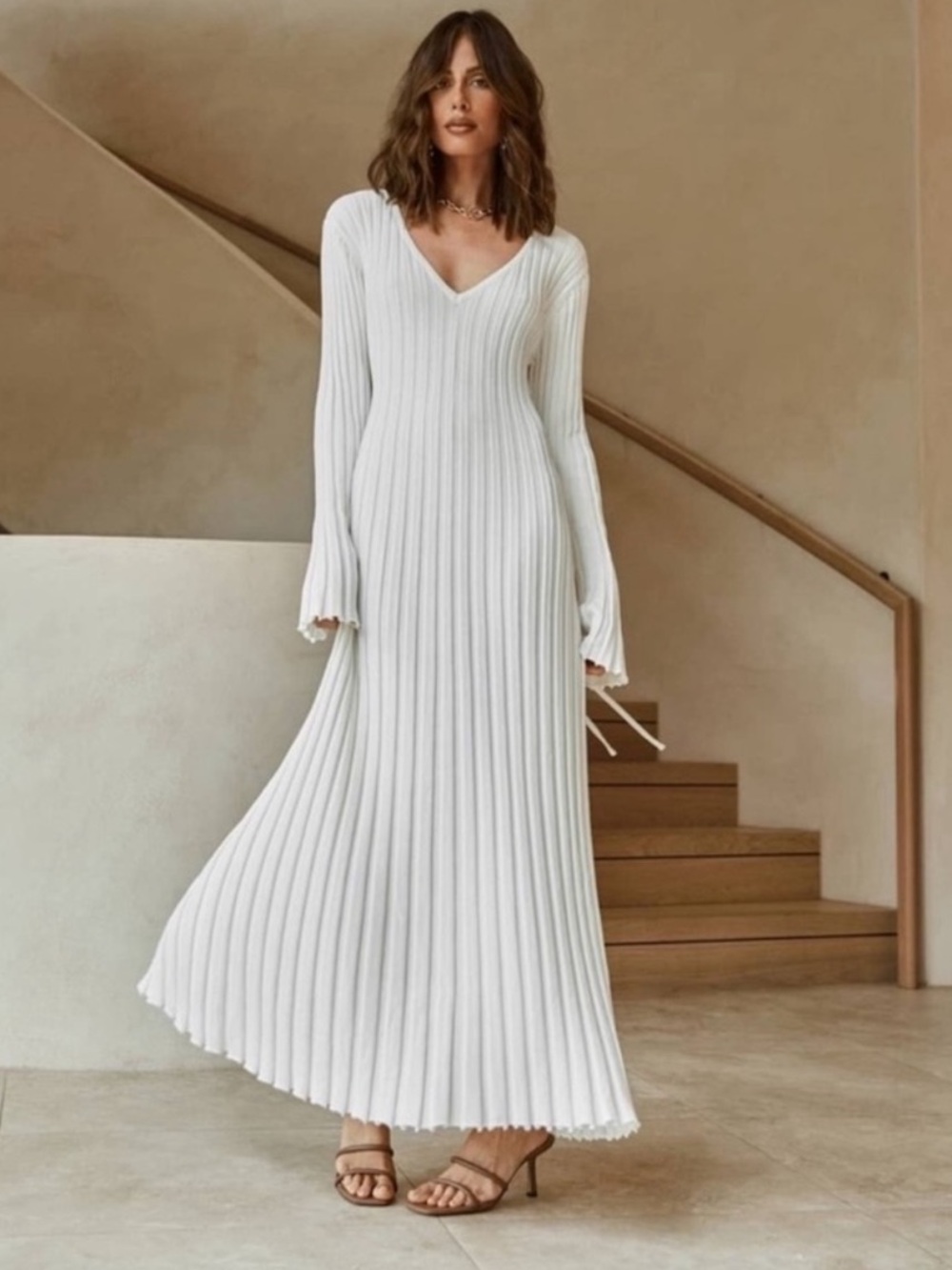 DISSH Reign Dress White Ribbed Maxi Long Sleeve $160. Excellent Size M